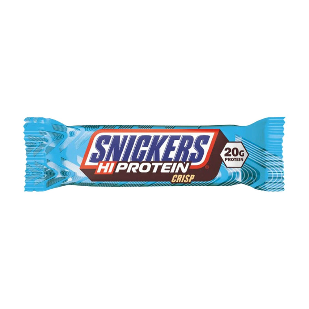 Snickers Hi Protein Bar Crisp 55g – Frontansicht auf weissem Hintergrund, Milchschokolade