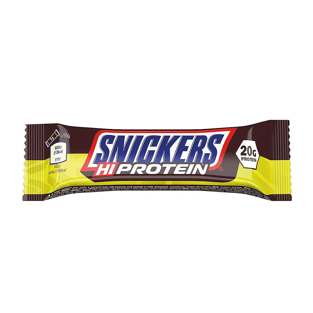 Snickers High Protein Bar Original 55g Proteinriegel Milchschokolade Karamell Erdnüsse weisser Hintergrund