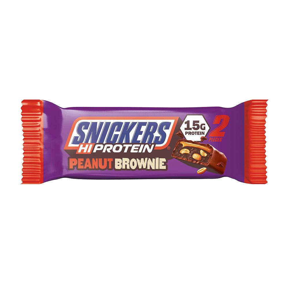 Snickers High Protein Bar Peanut Brownie 50g – Frontansicht auf weissem Hintergrund