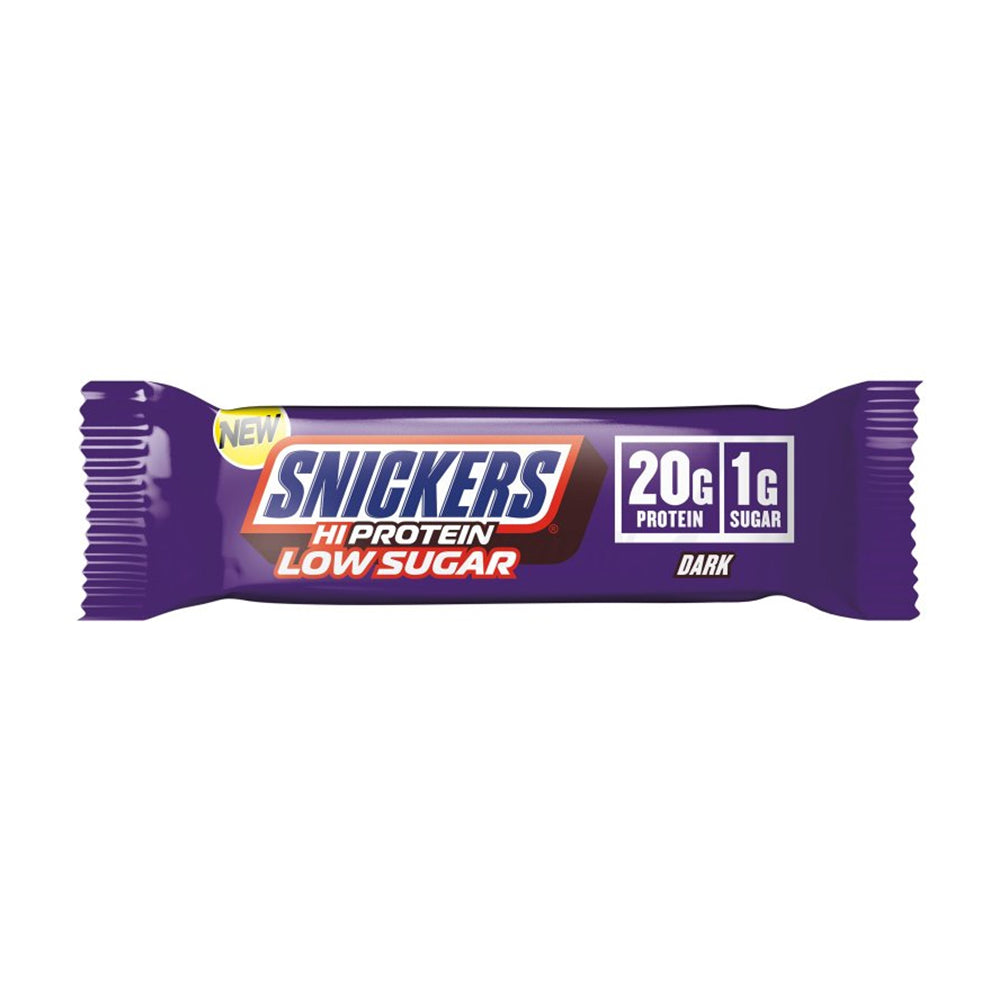 Snickers HiProtein Dark 55g Proteinriegel dunkle Schokolade Karamell Erdnüsse weisser Hintergrund