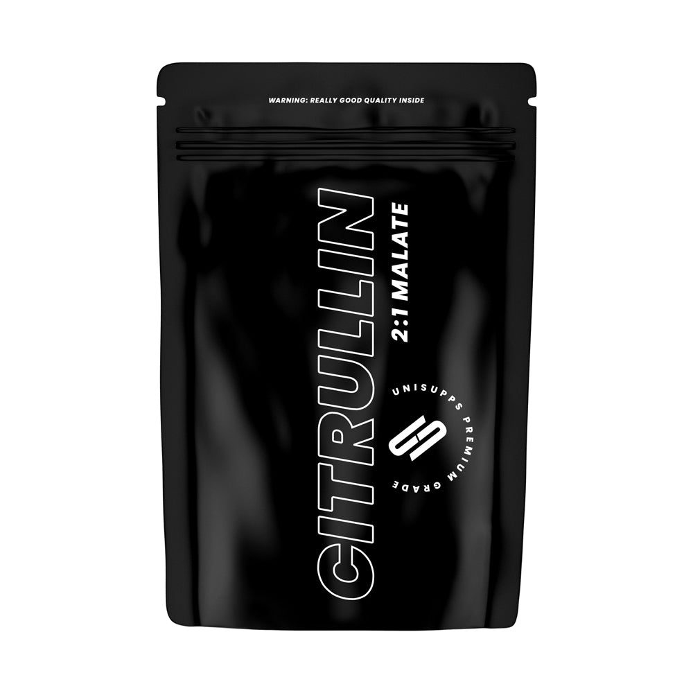 UNISUPPS L-Citrullin-DL-Malat 500g – Frontansicht der Verpackung auf weissem Hintergrund, 2:1 Verhältnis, pflanzliche Fermentation