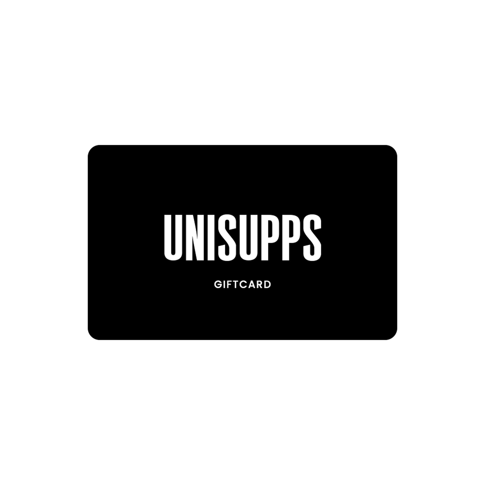 UNISUPPS E-Gift Card – digitaler Geschenkgutschein auf schwarzem Hintergrund mit UNISUPPS Logo, einlösbar auf unisupps.com