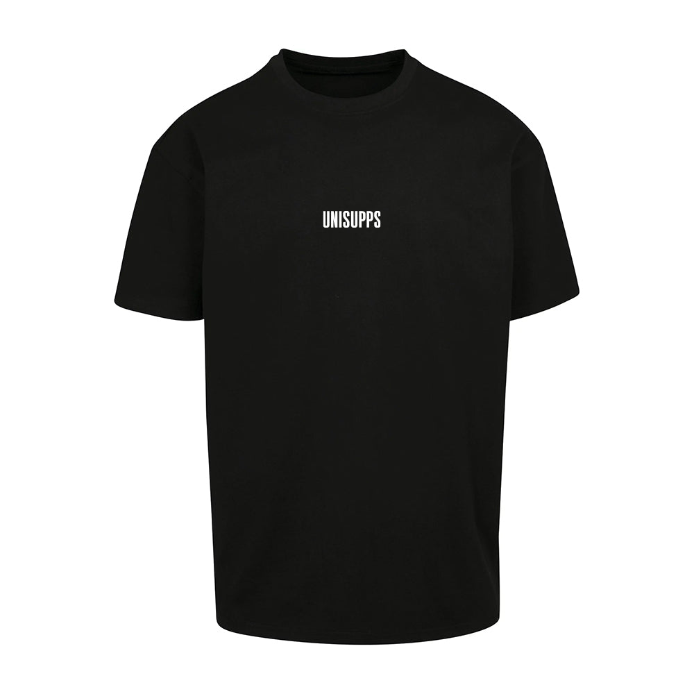 UNISUPPS T-Shirt Limited Edition – schwarzes Premium Baumwoll-Shirt mit UNISUPPS Logo, Frontansicht weisser Hintergrund