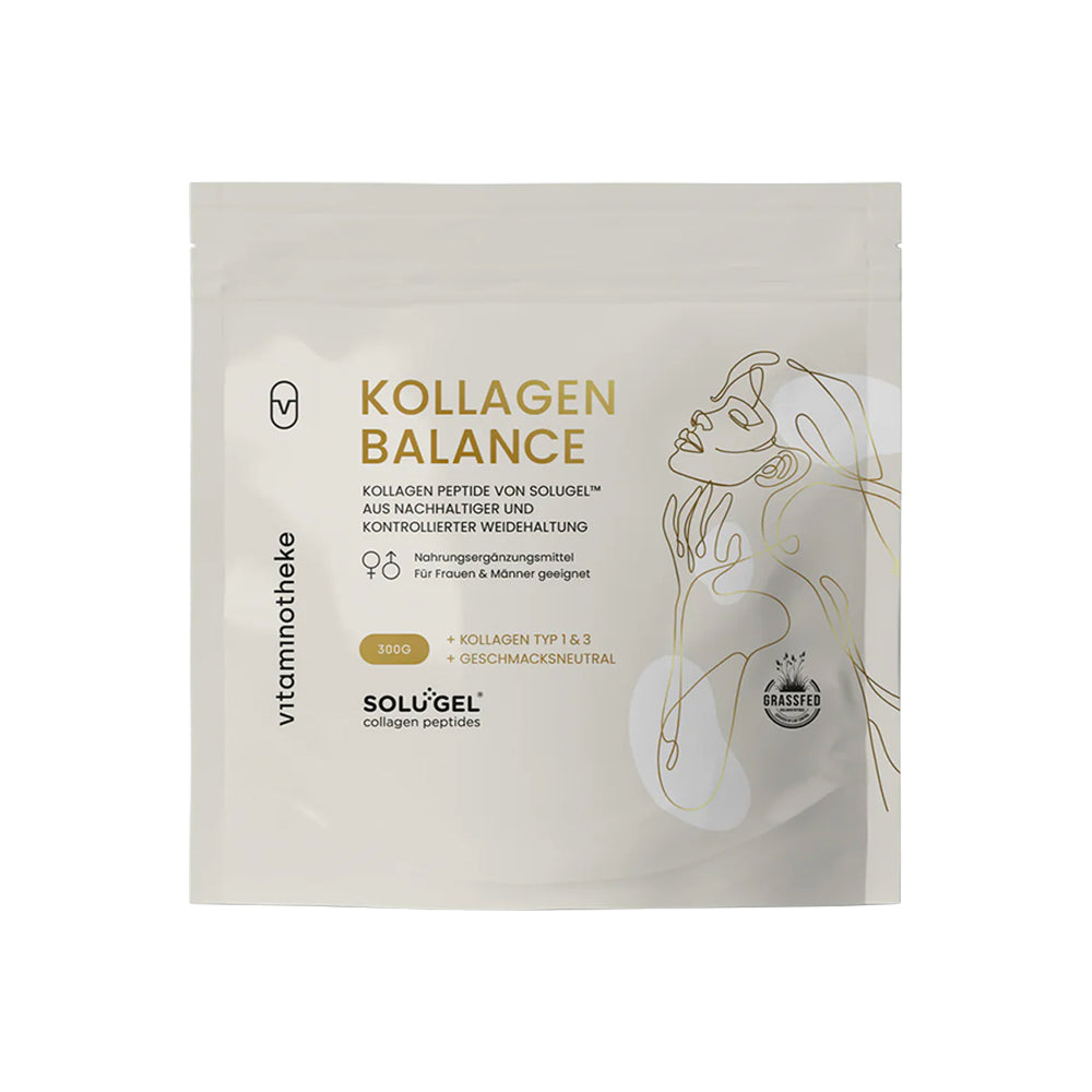 Vitaminotheke Kollagen Balance Pulver – Frontansicht der Verpackung auf weissem Hintergrund