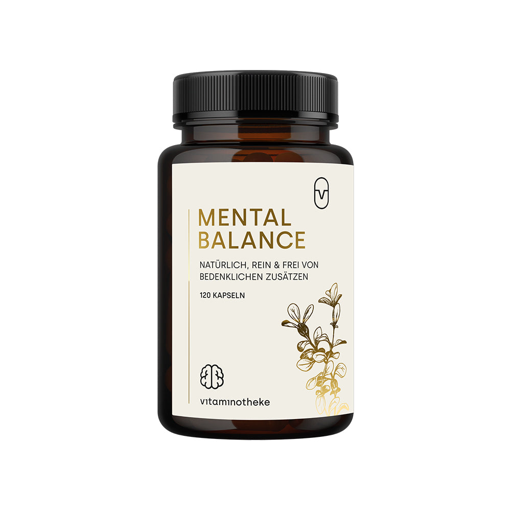 Vitaminotheke Mental Balance – 21-Stoff-Komplex mit L-Theanin, Rhodiola, Bacopa, Phosphatidylserin, Vitamin B12, vegan, Made in Germany