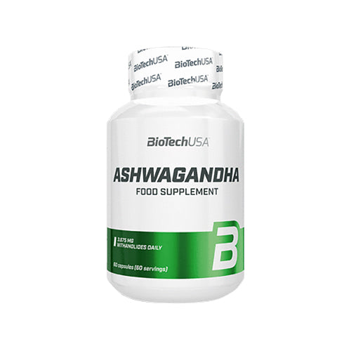 BioTechUSA Ashwagandha 60 Kapseln – Frontansicht der weissen Dose auf weissem Hintergrund, 245mg Wurzelextrakt pro Kapsel