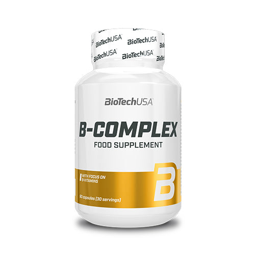 BioTechUSA B-Complex 60 Kapseln – Frontansicht der Verpackung auf weissem Hintergrund, 12 Vitamine + 4 Spurenelemente
