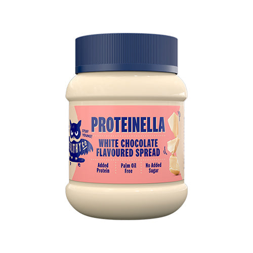 Proteinella White Chocolate 360g – Frontansicht des Glases auf weissem Hintergrund, weisse Schokoladen-Proteinaufstrich