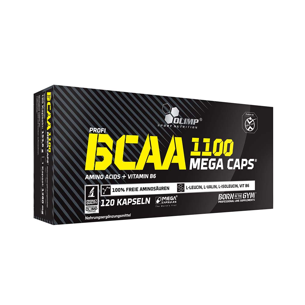 Olimp BCAA 1100 Mega Caps 120 Kapseln – Frontansicht der Verpackung auf weissem Hintergrund