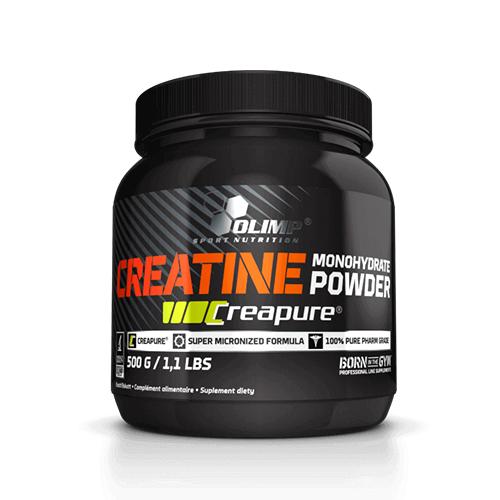 Olimp Creapure Powder 500g – Frontansicht der Dose auf weissem Hintergrund, Creapure-Zertifizierung sichtbar