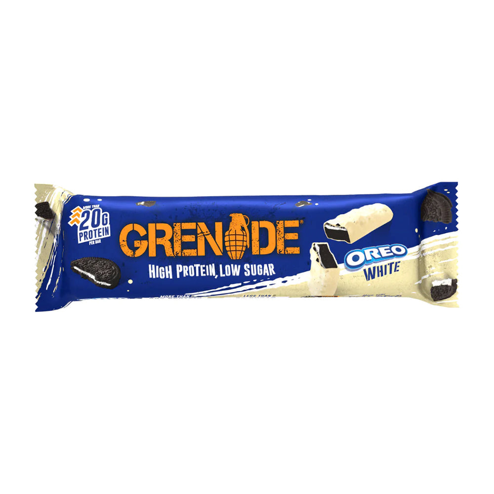 Grenade OREO Protein Bar 60g – Frontansicht einzelner Riegel mit OREO-Design, 21g Protein, echte OREO-Stücke