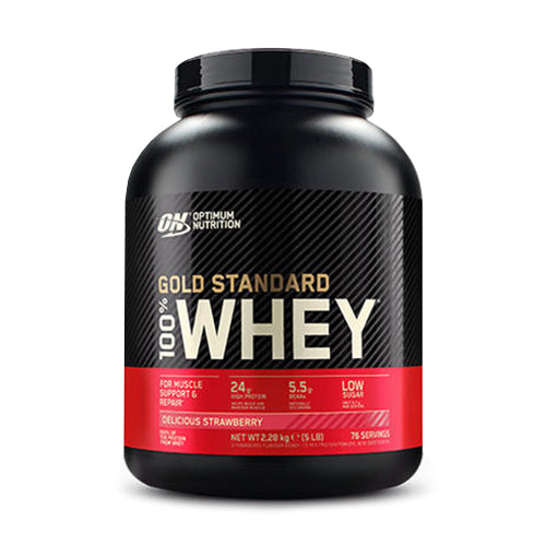 Optimum Nutrition Gold Standard 100% Whey 2270g – Frontansicht der Dose, 24g Protein pro Portion, weltweites Nr.1 Whey Protein