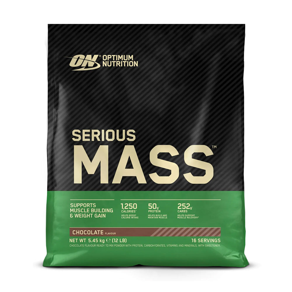 ON Serious Mass 5.34kg – Frontansicht des Beutels Chocolate auf weissem Hintergrund, Weight Gainer