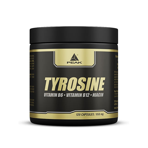 Peak Tyrosin 120 Kapseln – Frontansicht der Dose auf weissem Hintergrund, 500mg L-Tyrosin + B-Vitamine