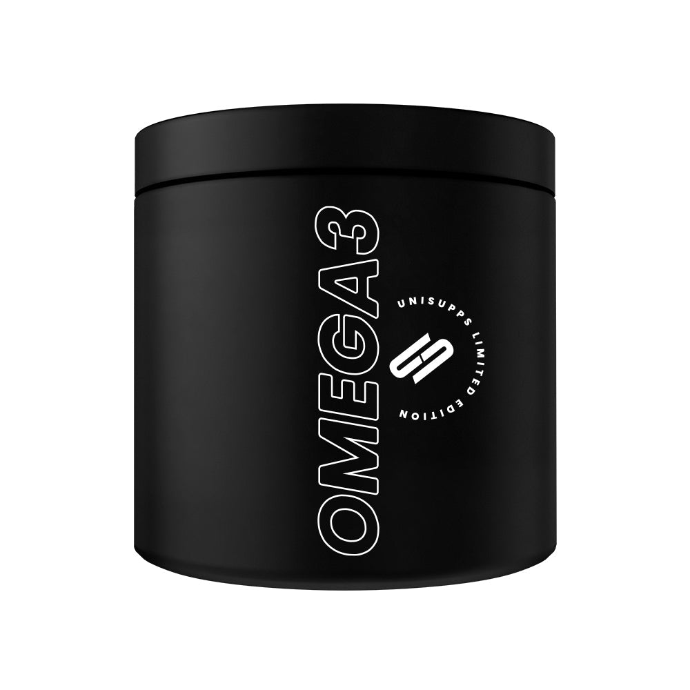 UNISUPPS Omega 3 Triglyceride 200 Softgels – Frontansicht der Dose auf weissem Hintergrund, 500mg EPA + 250mg DHA pro Kapsel